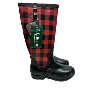 LL Bean Boots Womens 8 Insulated Wellie Rain Fleece Tall Buffalo Plaid Winter
